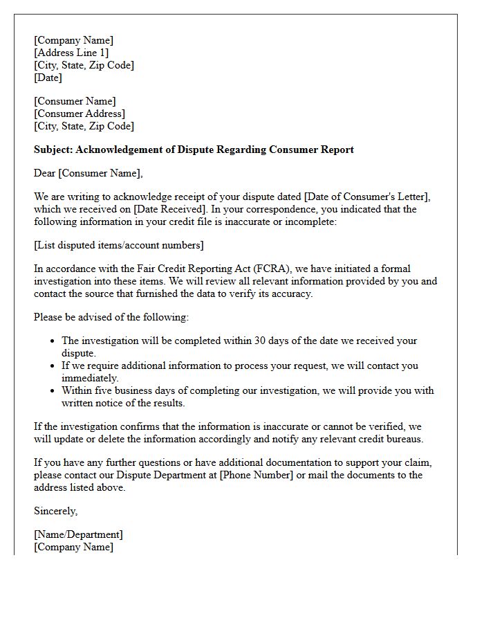 Fair Credit Reporting Act Dispute Acknowledgement Letter