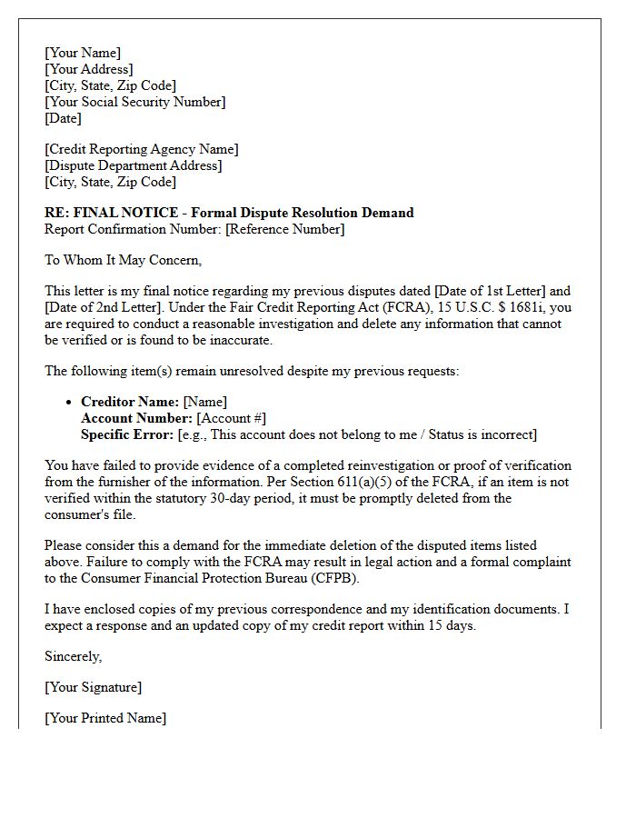 Final Fair Credit Reporting Act Dispute Resolution Letter