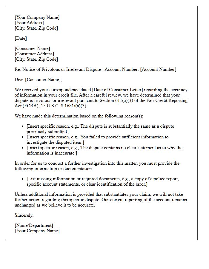 Frivolous Fair Credit Reporting Act Dispute Notice Letter