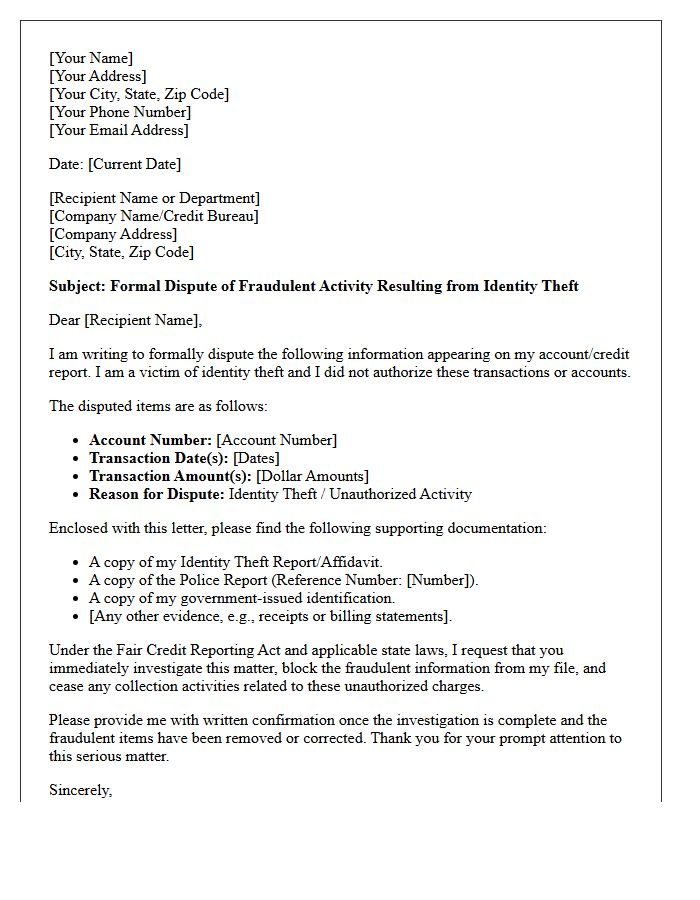 Identity Theft Fraud Investigation Dispute Resolution Letter