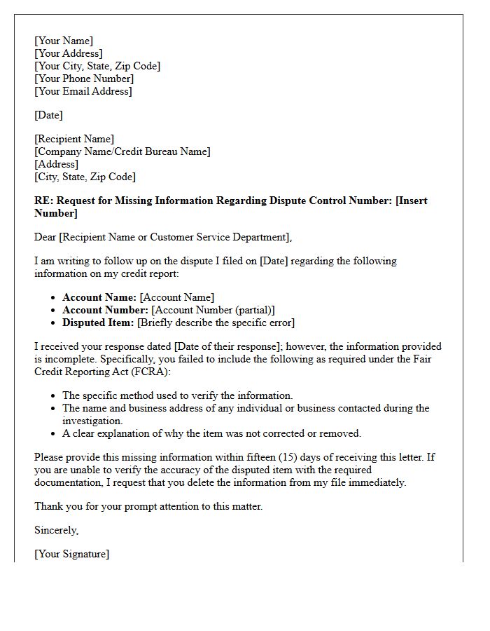 Incomplete Consumer Dispute Information Request Letter