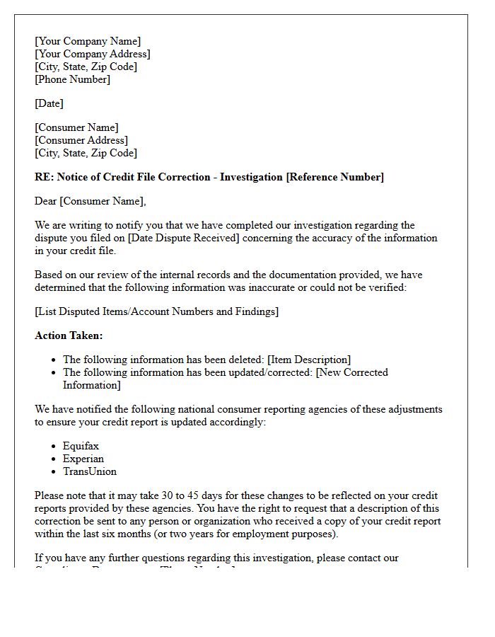 Post-Investigation Credit File Adjustment Notice Letter