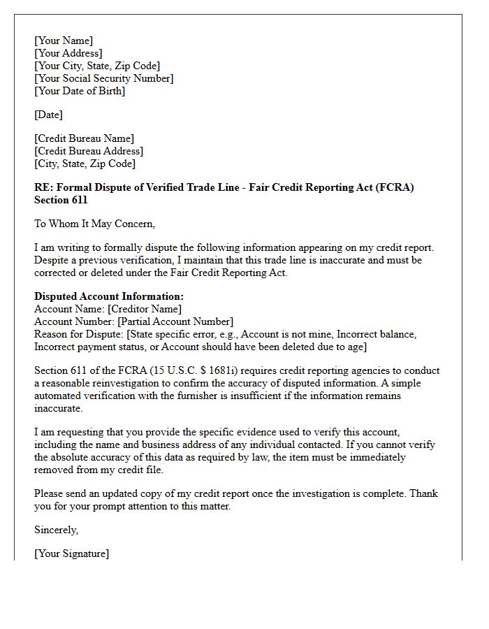 Verified Trade Line Fair Credit Reporting Act Dispute Letter