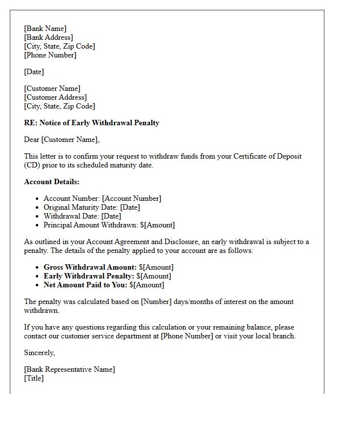 Certificate of Deposit Early Withdrawal Penalty Notice Letter