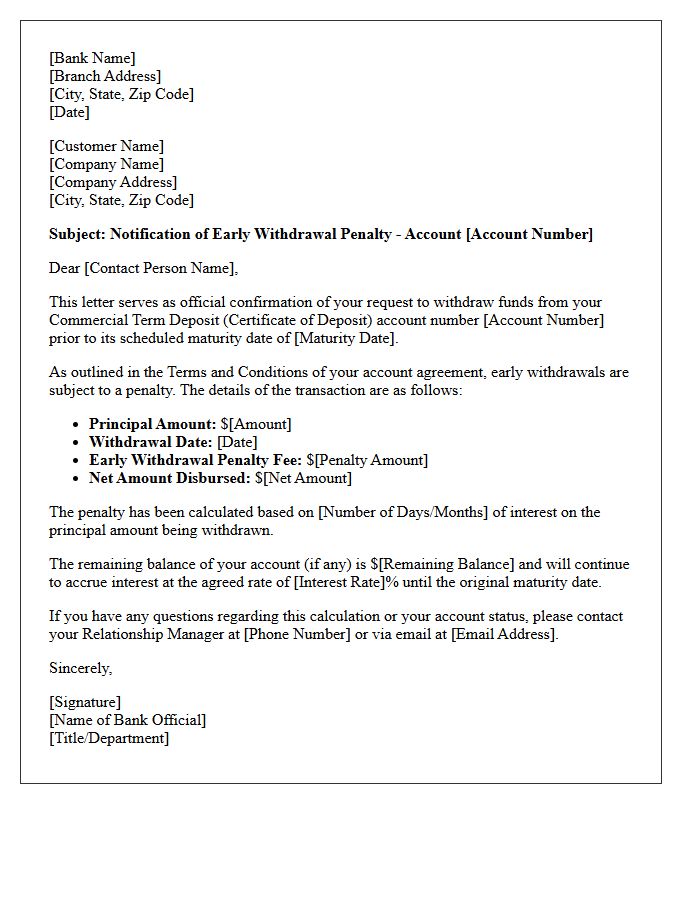 Commercial Term Deposit Penalty for Early Withdrawal Letter