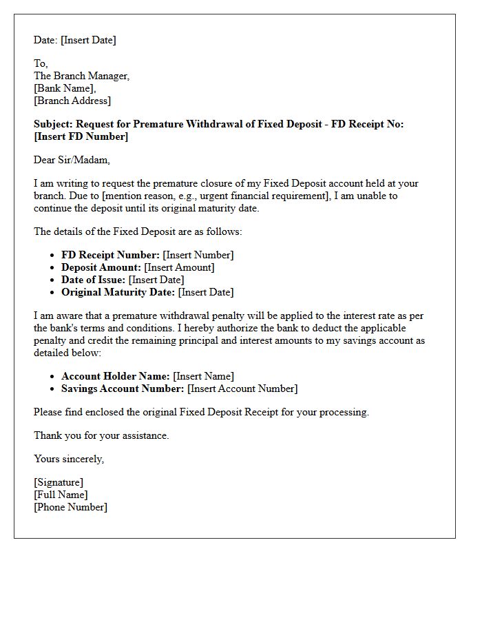 Fixed Deposit Premature Withdrawal Penalty Letter