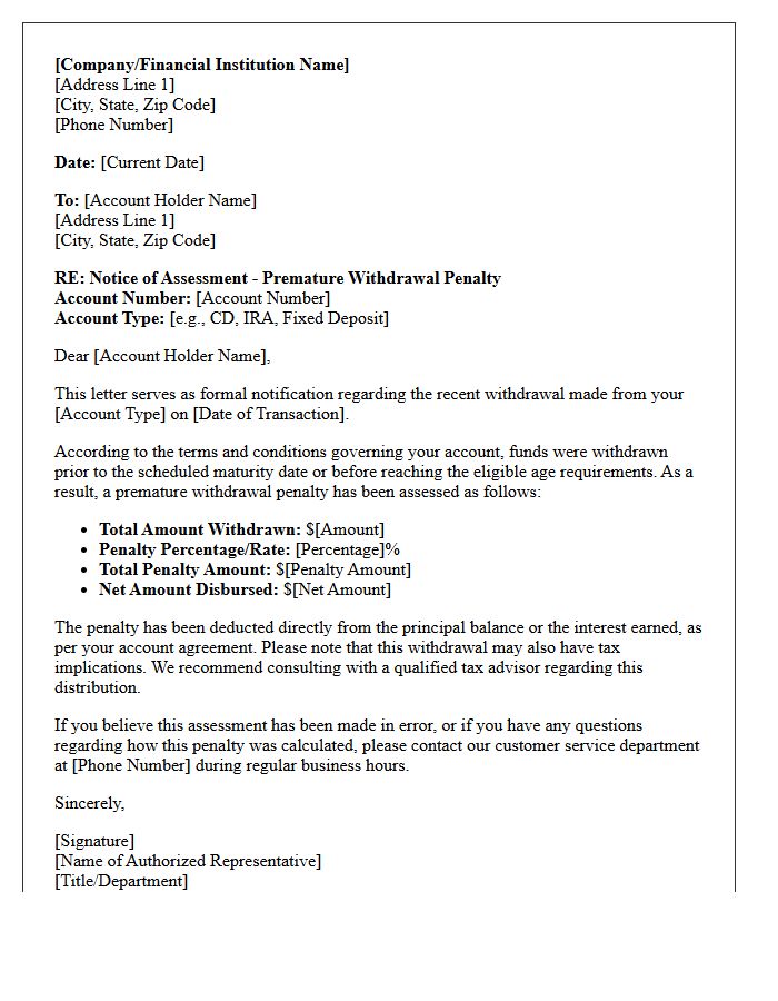 Notice of Assessment for Premature Withdrawal Penalty Letter
