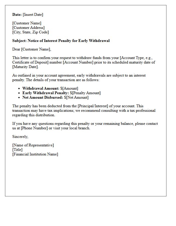 Notice of Interest Penalty for Early Withdrawal Letter