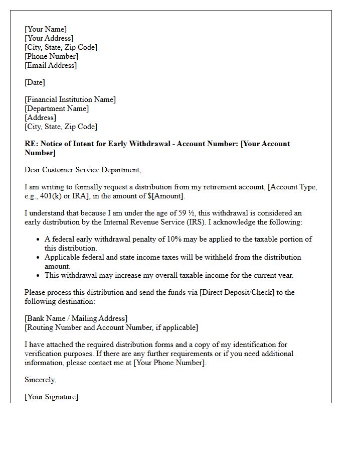 Retirement Savings Early Withdrawal Penalty Letter