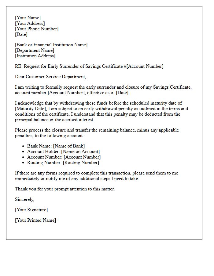 Savings Certificate Early Surrender Penalty Letter