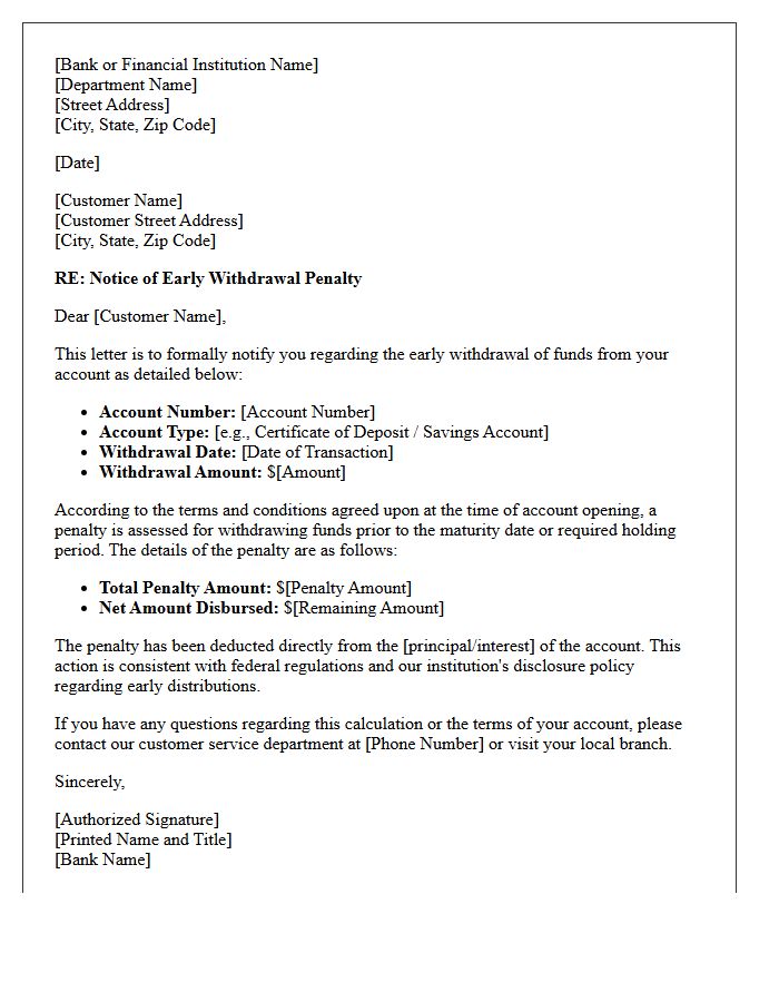 Standard Notice of Penalty for Early Withdrawal Letter