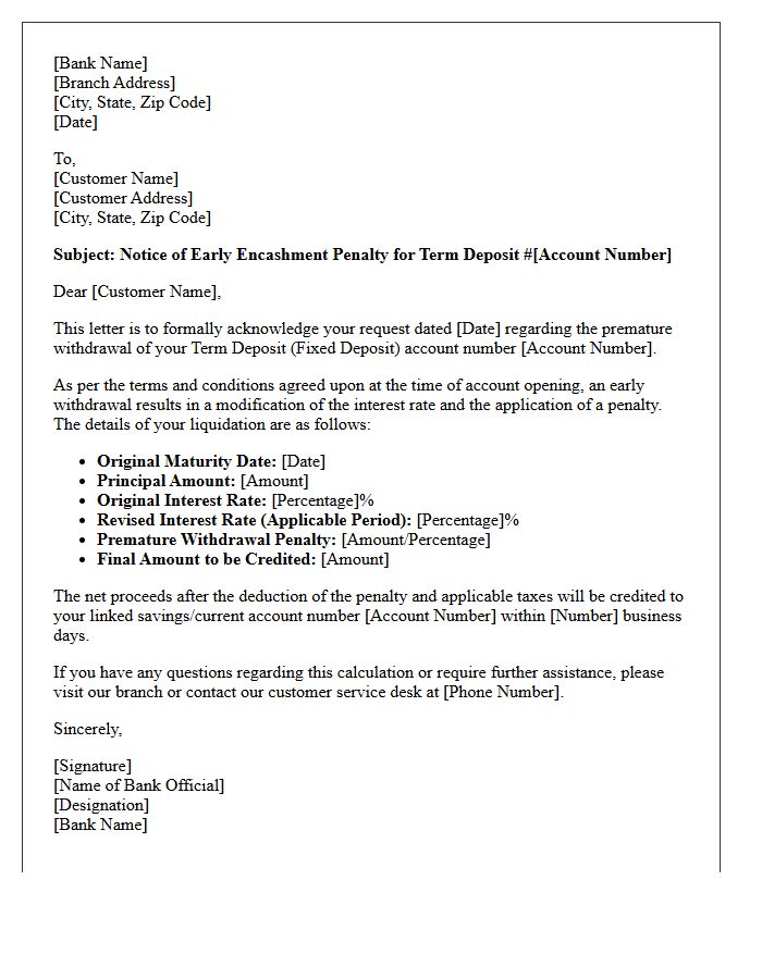 Term Deposit Early Encashment Penalty Letter