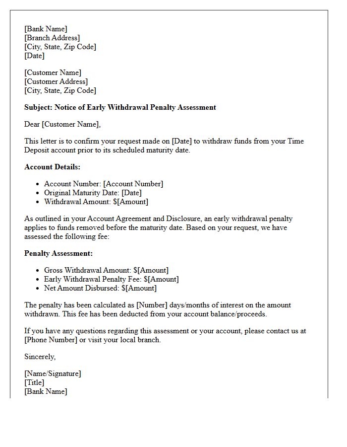 Time Deposit Early Withdrawal Fee Assessment Letter