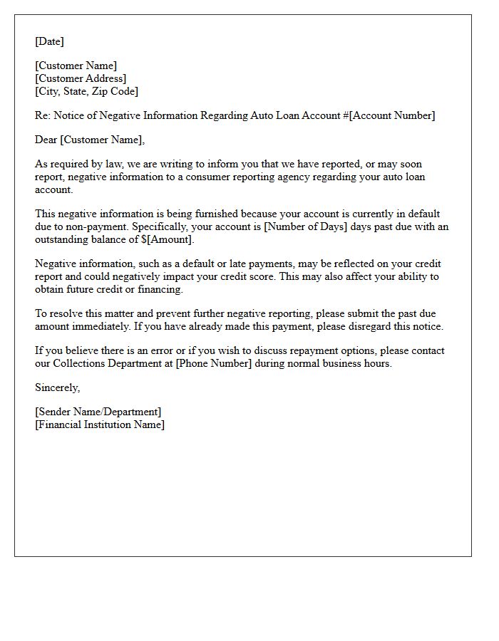 Notice of Negative Information Furnished Regarding Auto Loan Default Letter