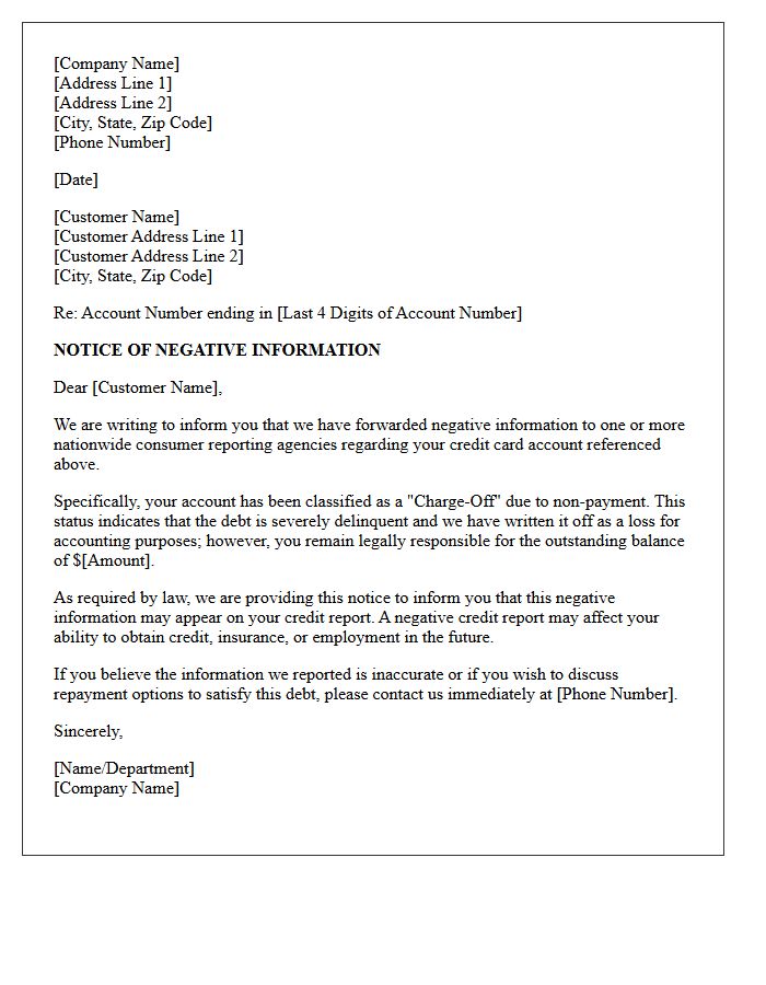 Notice of Negative Information Furnished Regarding Credit Card Charge-Off Letter