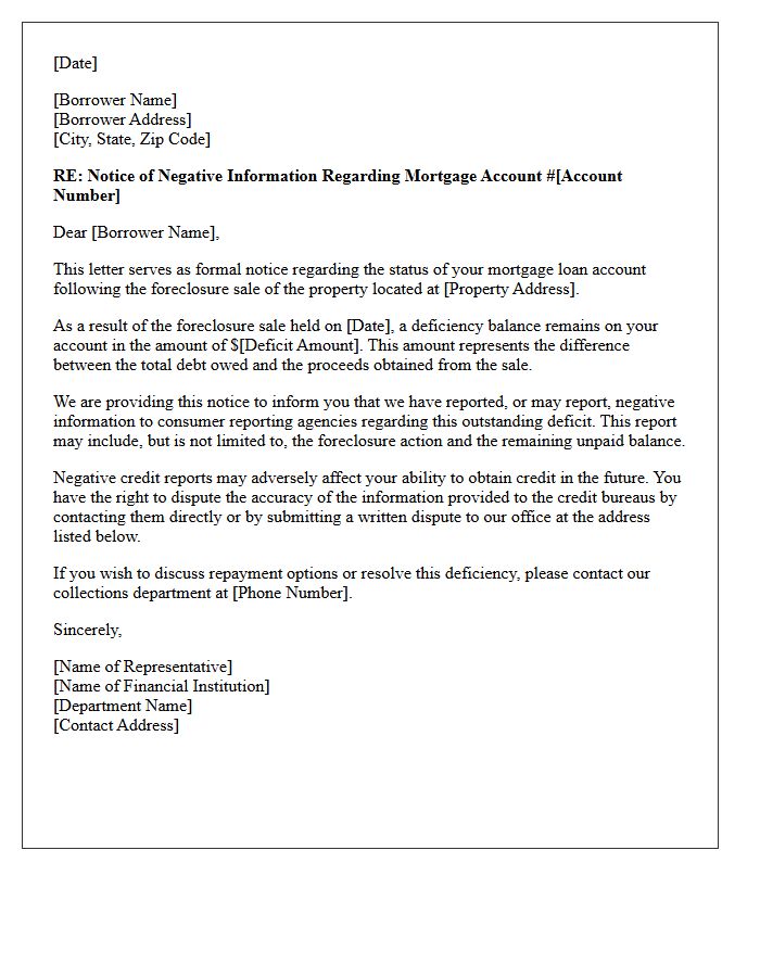Notice of Negative Information Furnished Regarding Foreclosed Property Deficit Letter