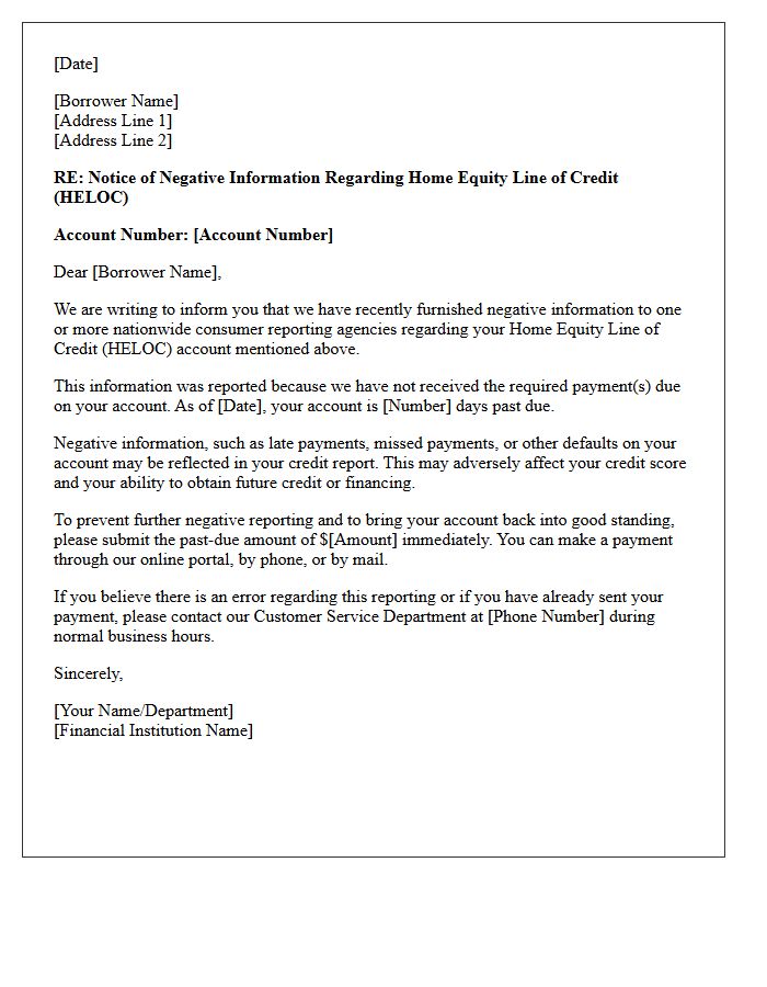 Notice of Negative Information Furnished Regarding Home Equity Line of Credit Nonpayment Letter