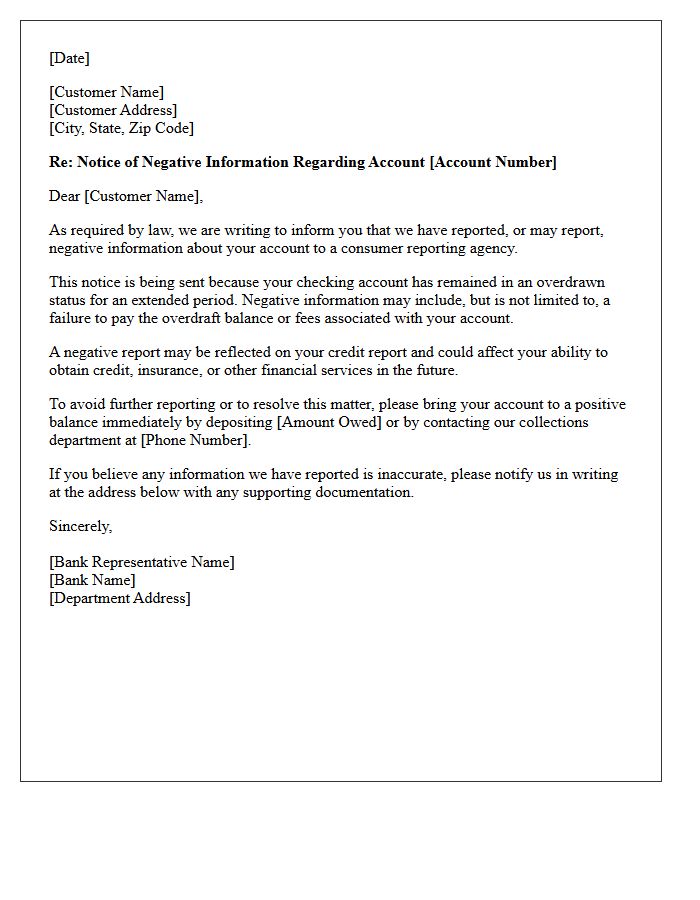 Notice of Negative Information Furnished Regarding Overdrawn Checking Account Letter