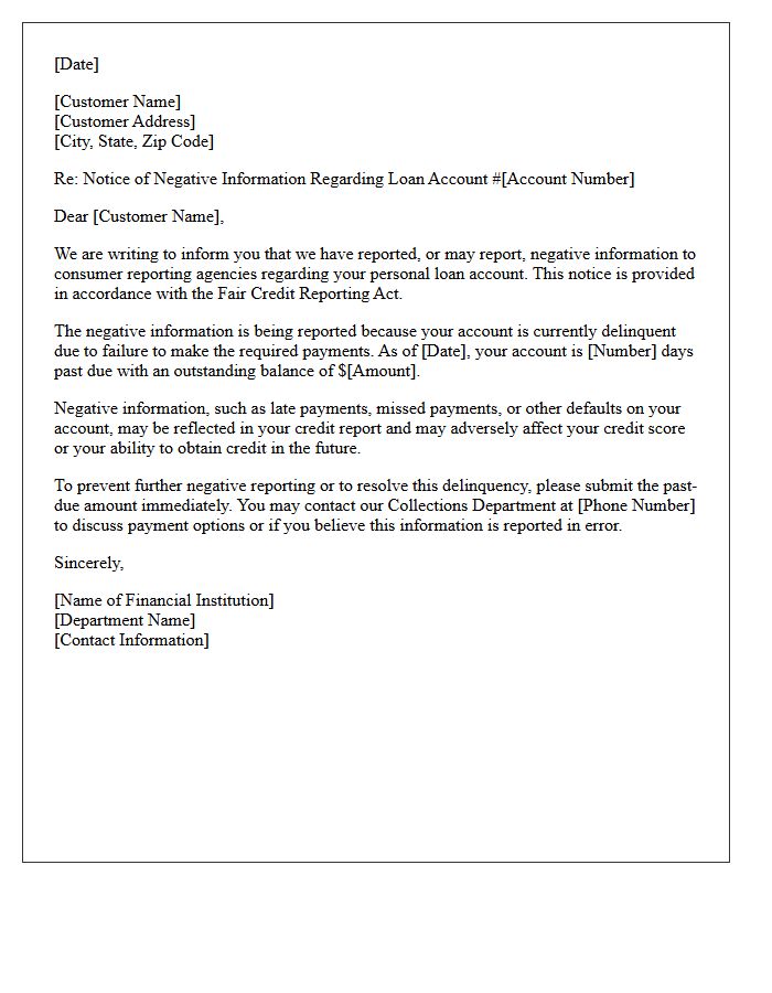 Notice of Negative Information Furnished Regarding Personal Loan Delinquency Letter