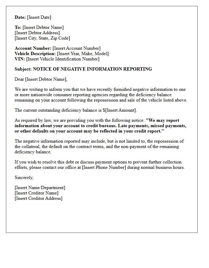 Notice of Negative Information Furnished Regarding Repossessed Vehicle Deficiency Balance Letter