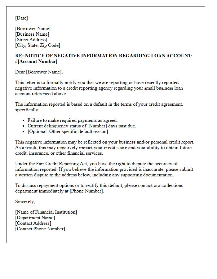 Notice of Negative Information Furnished Regarding Small Business Loan Default Letter