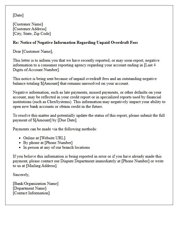 Notice of Negative Information Furnished Regarding Unpaid Overdraft Fees Letter