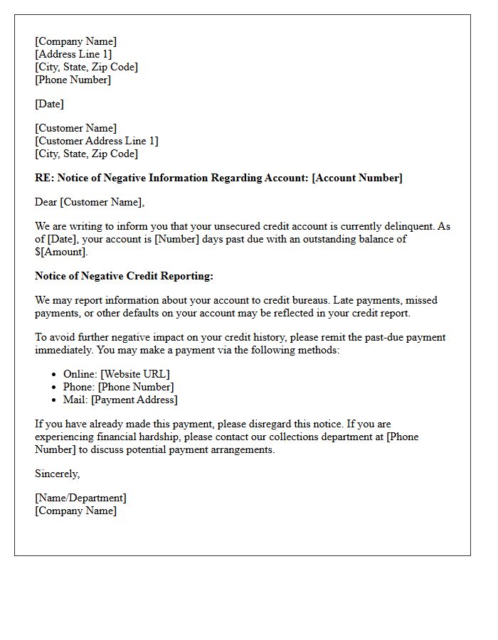 Notice of Negative Information Furnished Regarding Unsecured Credit Account Delinquency Letter