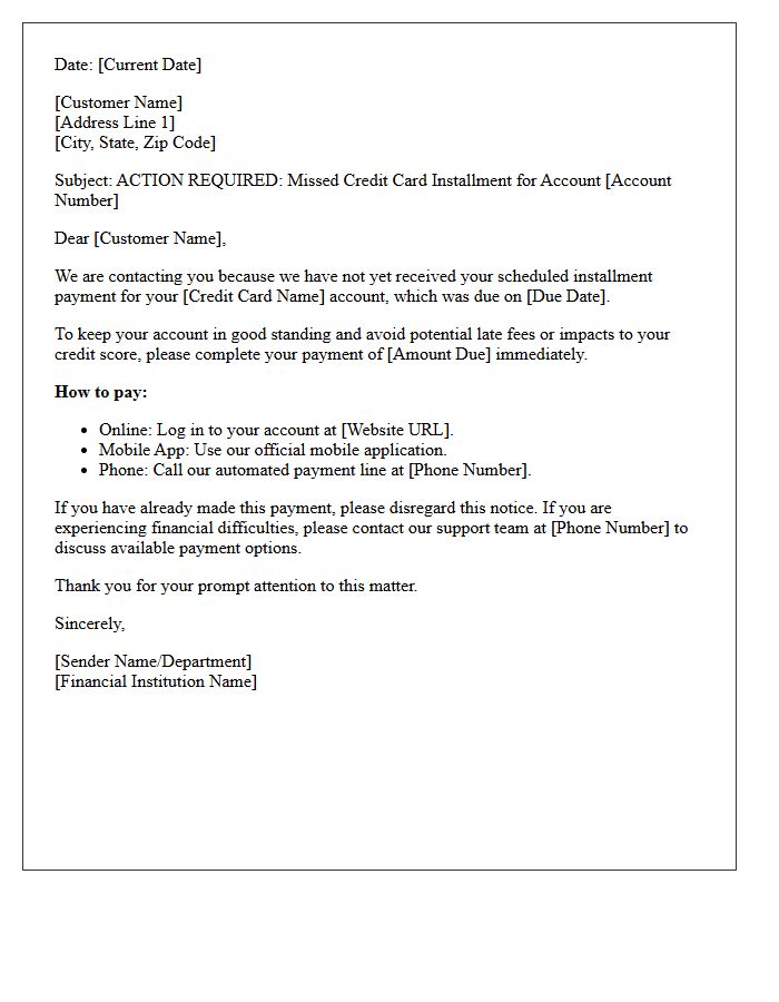 Action Required Missed Credit Card Installment Letter