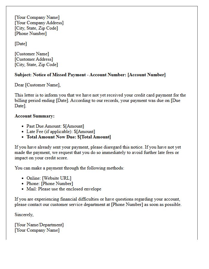 First Notice of Missed Credit Card Payment Letter