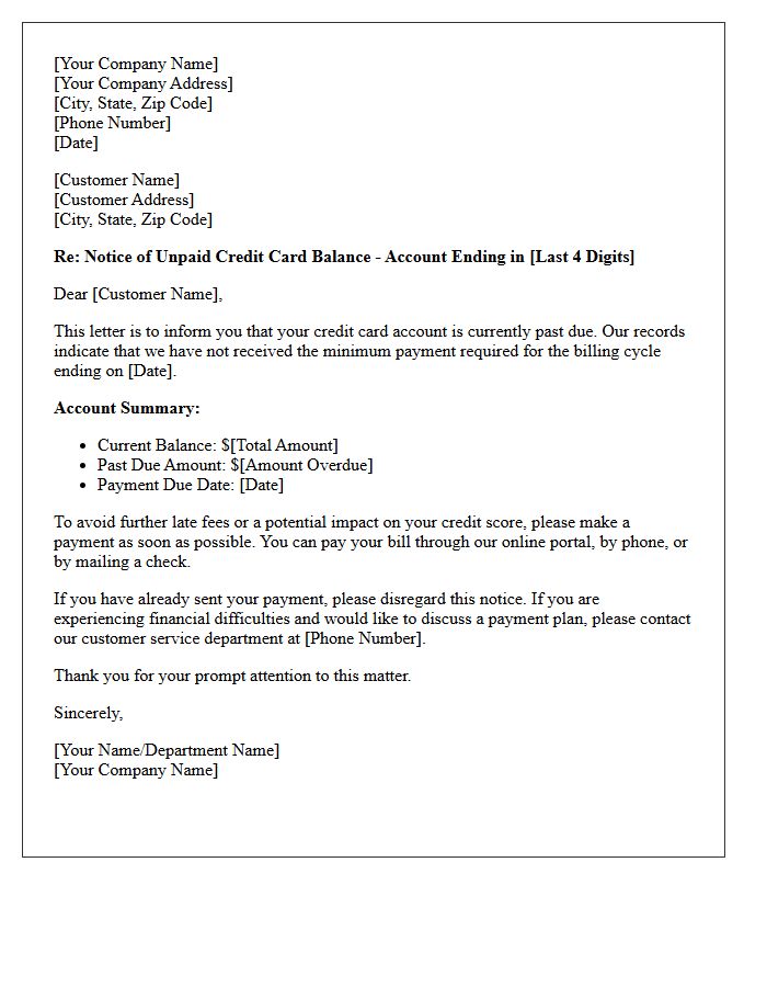Unpaid Credit Card Balance Notification Letter