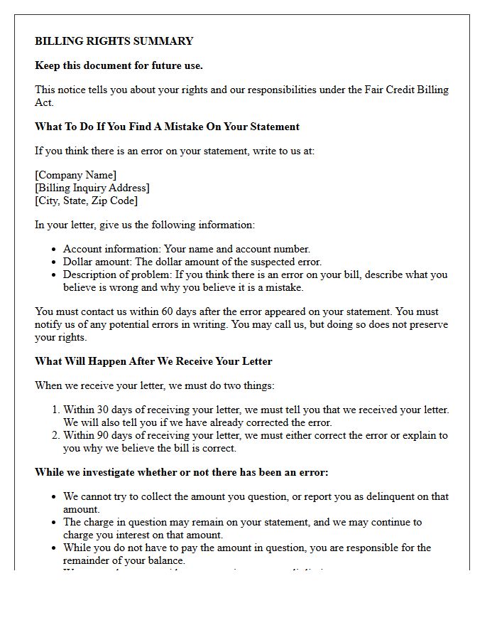 Account Opening Billing Rights Summary Notice Letter