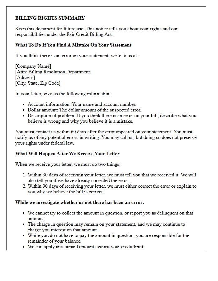 Account Resolution Billing Rights Summary Notice Letter