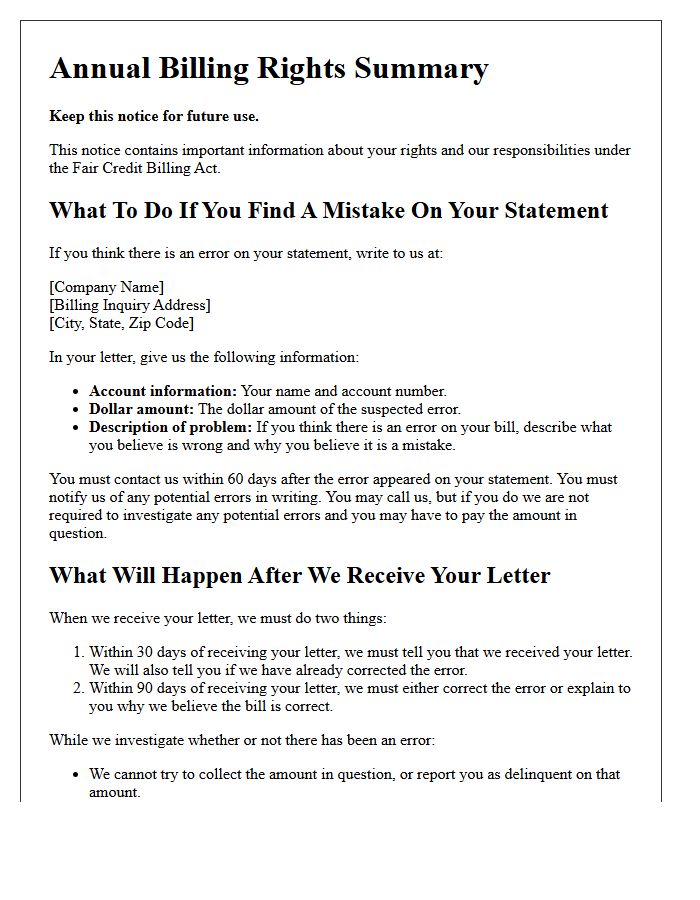 Annual Billing Rights Summary Notice Letter