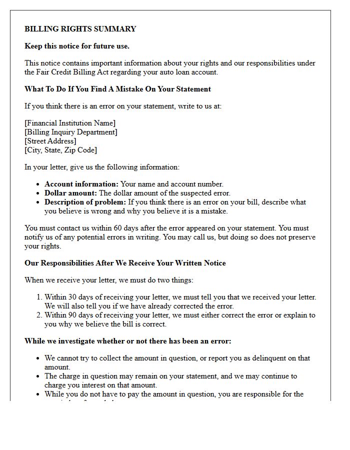 Auto Loan Billing Rights Summary Notice Letter