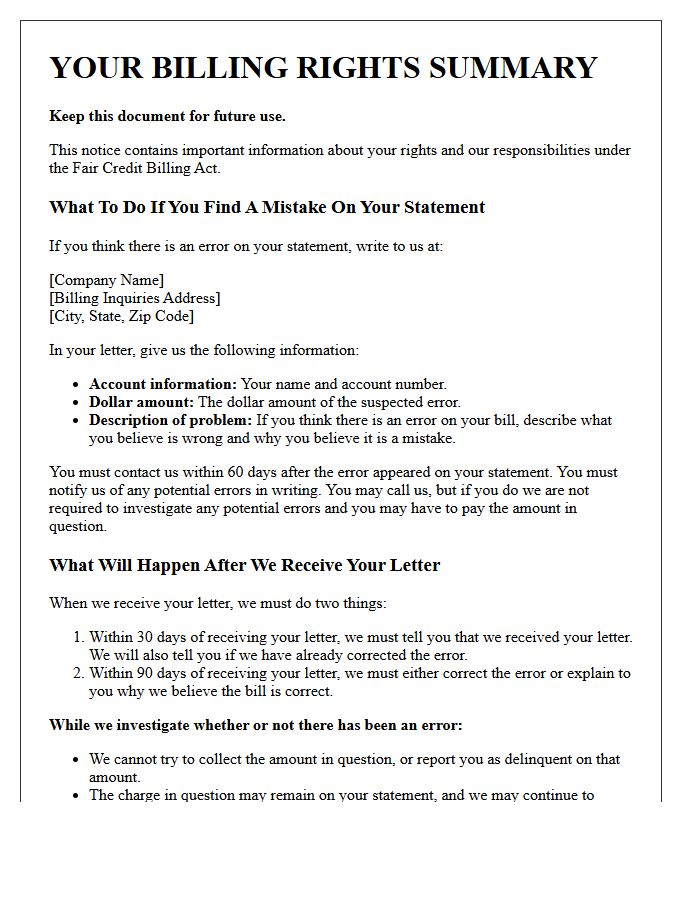 Credit Card Billing Rights Summary Notice Letter