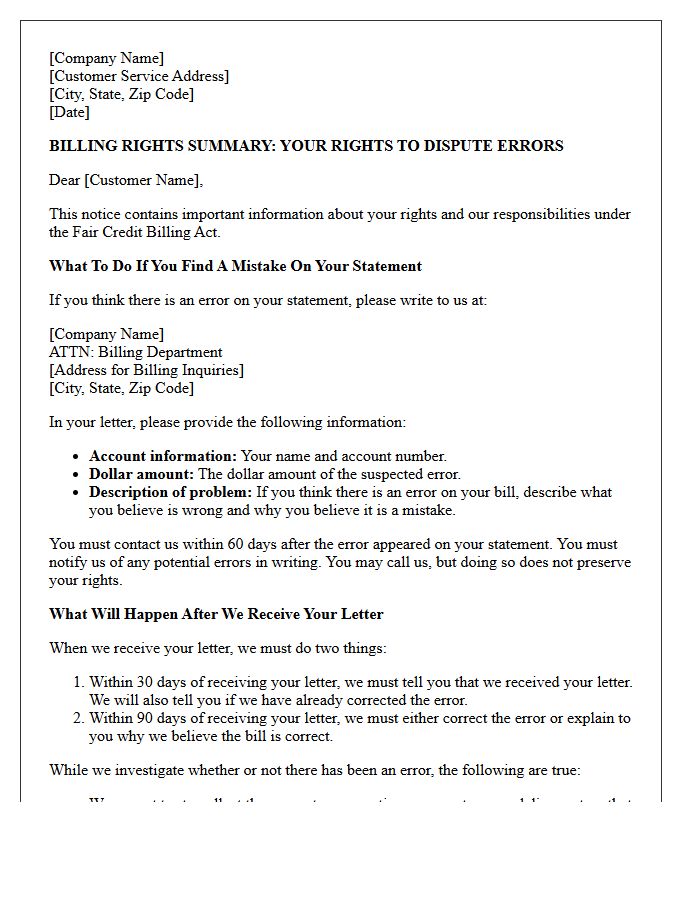 Disputed Charge Billing Rights Summary Notice Letter