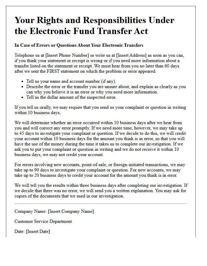 Electronic Fund Transfer Billing Rights Summary Notice Letter