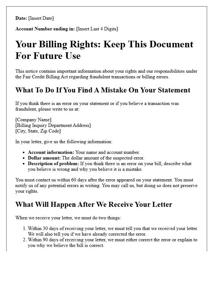 Fraudulent Transaction Billing Rights Summary Notice Letter