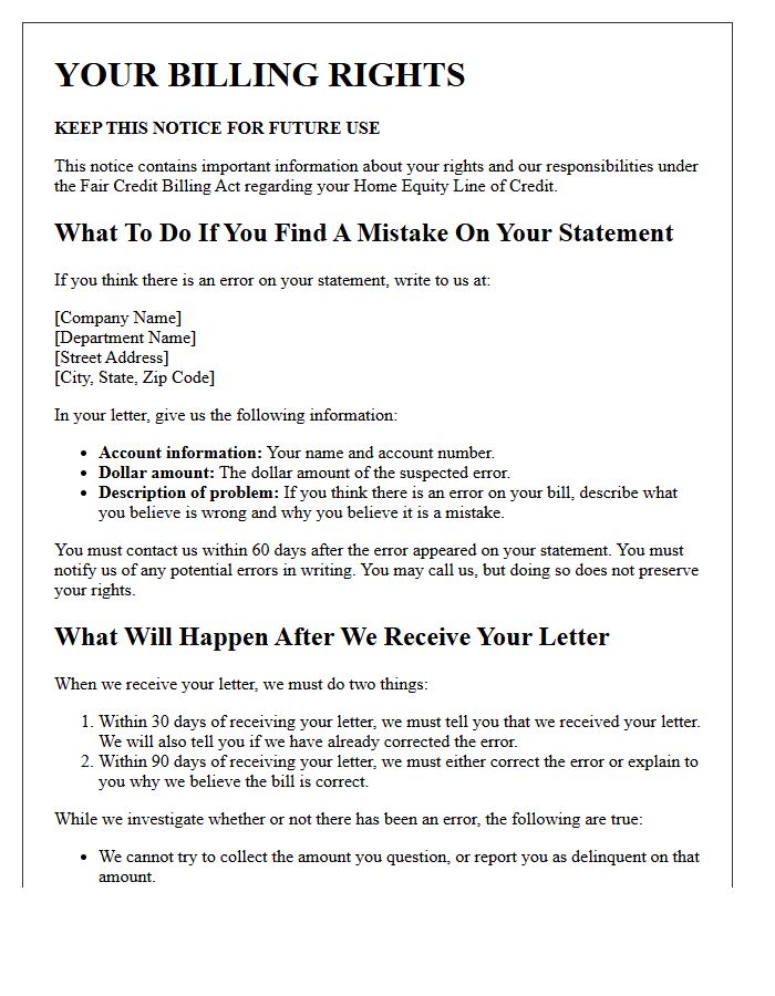 Home Equity Billing Rights Summary Notice Letter