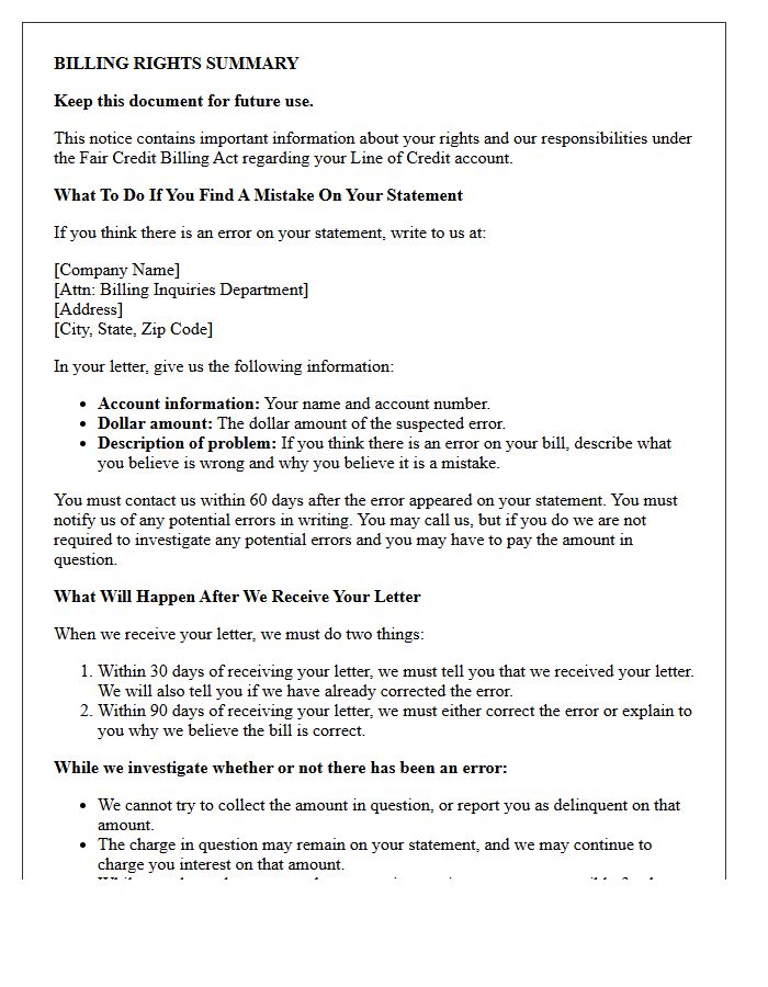 Line of Credit Billing Rights Summary Notice Letter