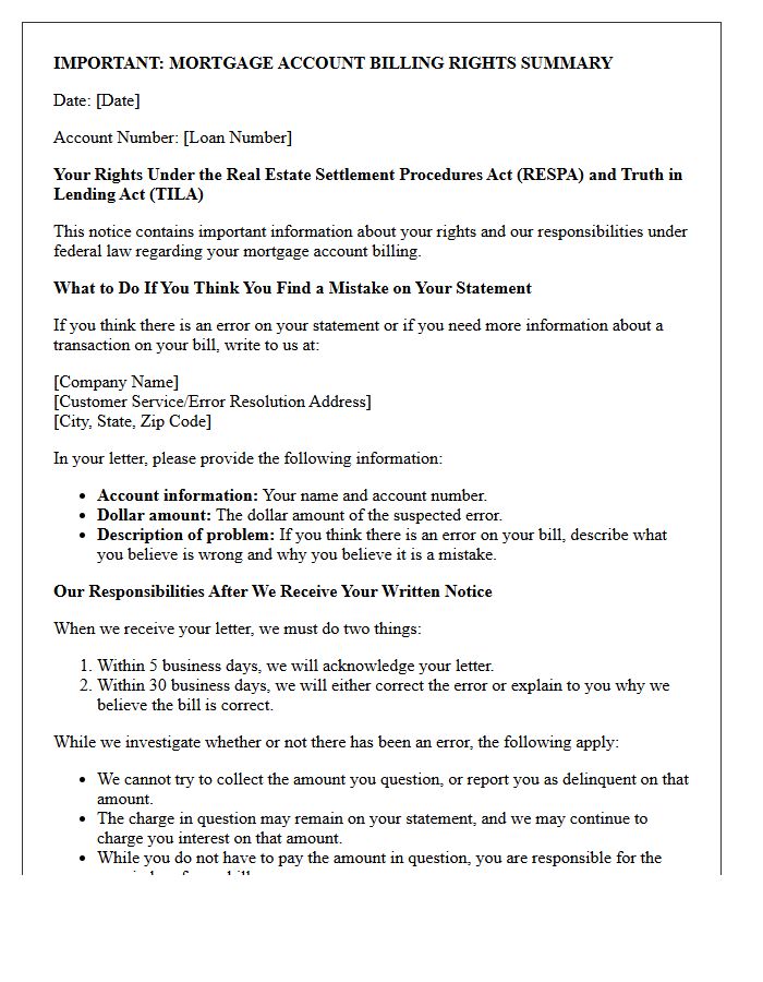 Mortgage Account Billing Rights Summary Notice Letter