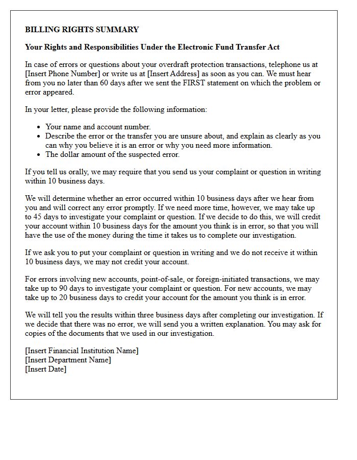 Overdraft Protection Billing Rights Summary Notice Letter