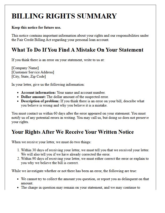Personal Loan Billing Rights Summary Notice Letter