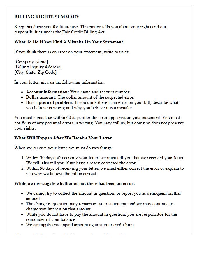 Statement Error Billing Rights Summary Notice Letter