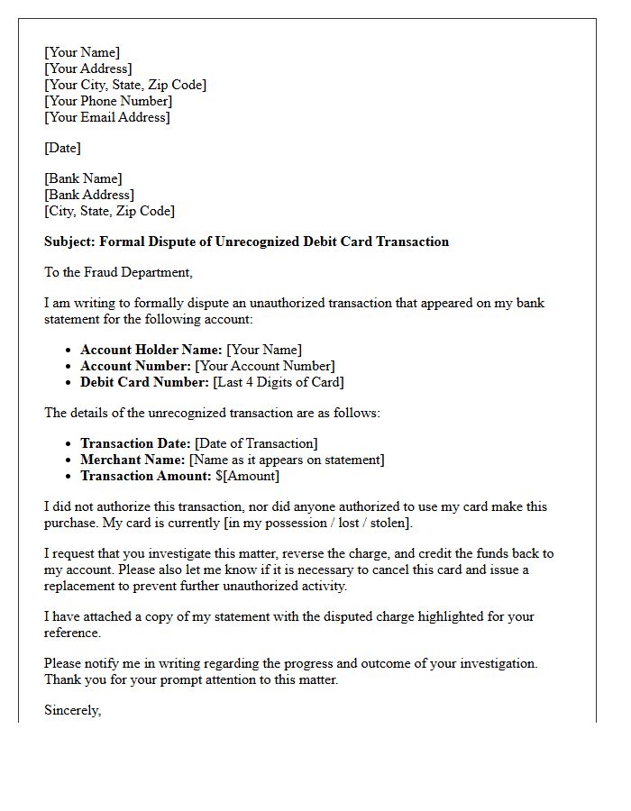 Banking Letter Regarding Unrecognized Debit Card Transaction