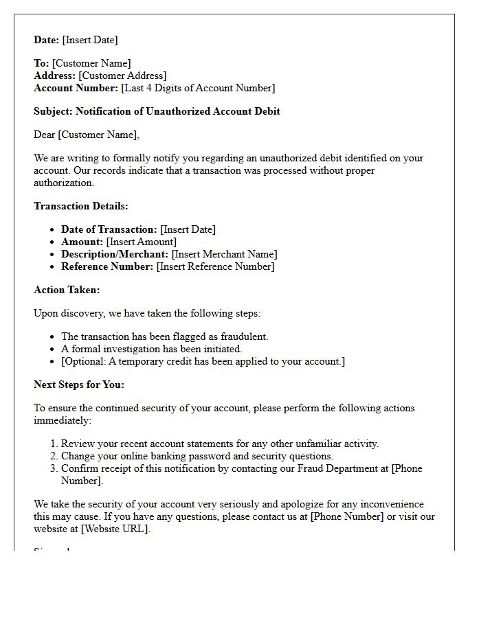 Customer Notification Letter for Unauthorized Account Debit