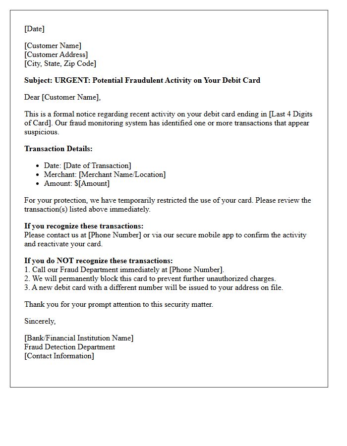 Debit Card Fraud Alert and Transaction Notice Letter