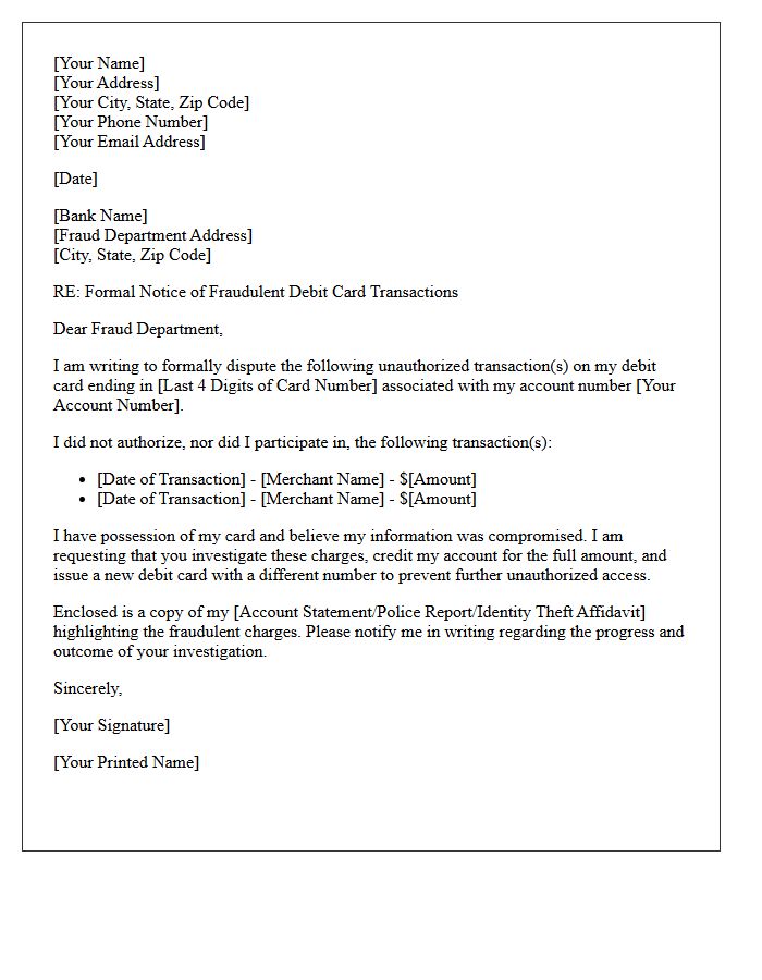 Fraudulent Debit Card Transaction Notification Letter