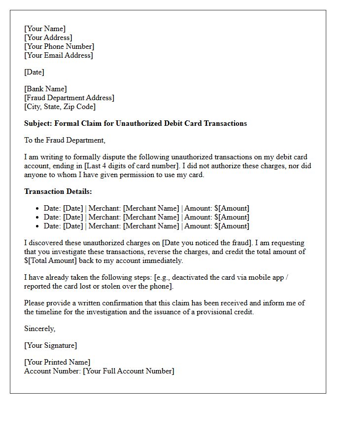 Initial Claim Letter for Unauthorized Debit Card Use