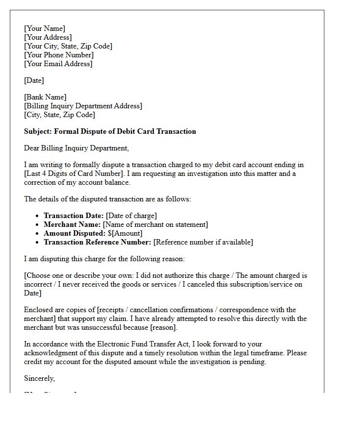 Investigation Letter for Disputed Debit Card Charges